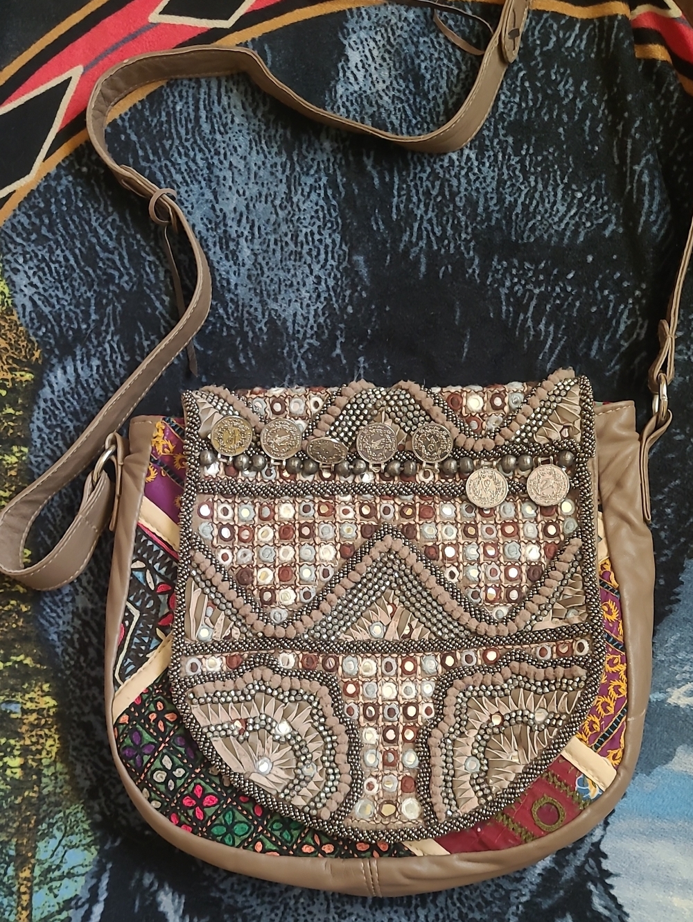 Free People Taupe Embellished Boho Crossbody Bag